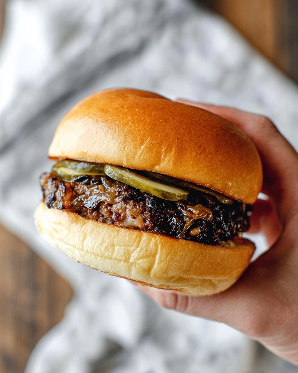 A woman's hand holds a sandwich with three main layers. The bottom layer is a soft, light golden bun with a slightly shiny texture. Above it is a thick, juicy beef patty with dark brown grill marks and bits of cooked onions mixed in. On top of the patty, there are thin, green pickle slices spread evenly. The top layer is a smooth, shiny golden-brown bun that completes the sandwich. The background shows a blurred white marbled surface. Photo taken with an iphone --ar 4:5 --v 7