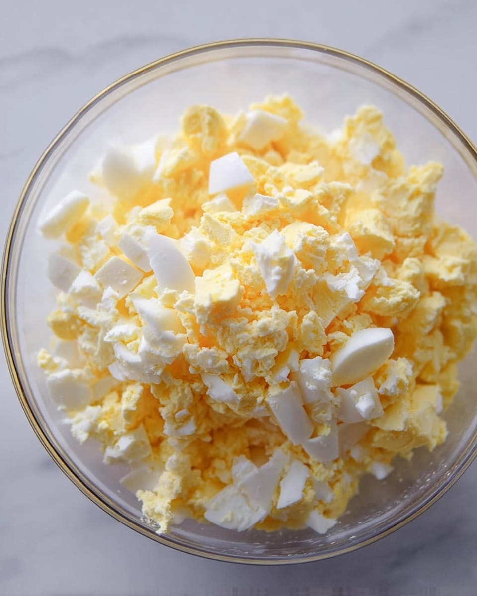 This image shows a close-up of small pieces of chopped hard-boiled eggs in a clear glass bowl. The mixture has two main colors: bright yellow from the egg yolks and white from the egg whites. The egg pieces vary in size but are mostly small, with some larger chunks mixed in. The bowl is placed on a white marbled surface, giving a clean and simple background. The lighting is soft, highlighting the texture and colors of the egg pieces clearly. photo taken with an iphone --ar 4:5 --v 7