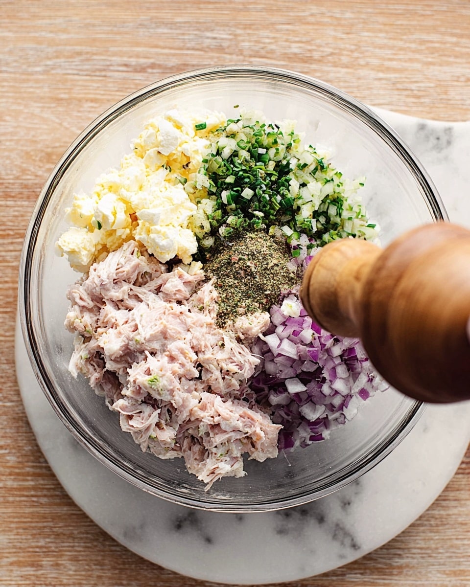 A clear glass bowl sits on a white marbled surface filled with four visible layers of ingredients: shredded light pink meat takes up the top half, finely chopped pale yellow eggs are on the left, chopped green herbs form a dense patch in the middle, and finely diced purple onion is on the right; a woman's hand holding a wooden pepper grinder is positioned over the bowl adding seasoning. Photo taken with an iphone --ar 4:5 --v 7