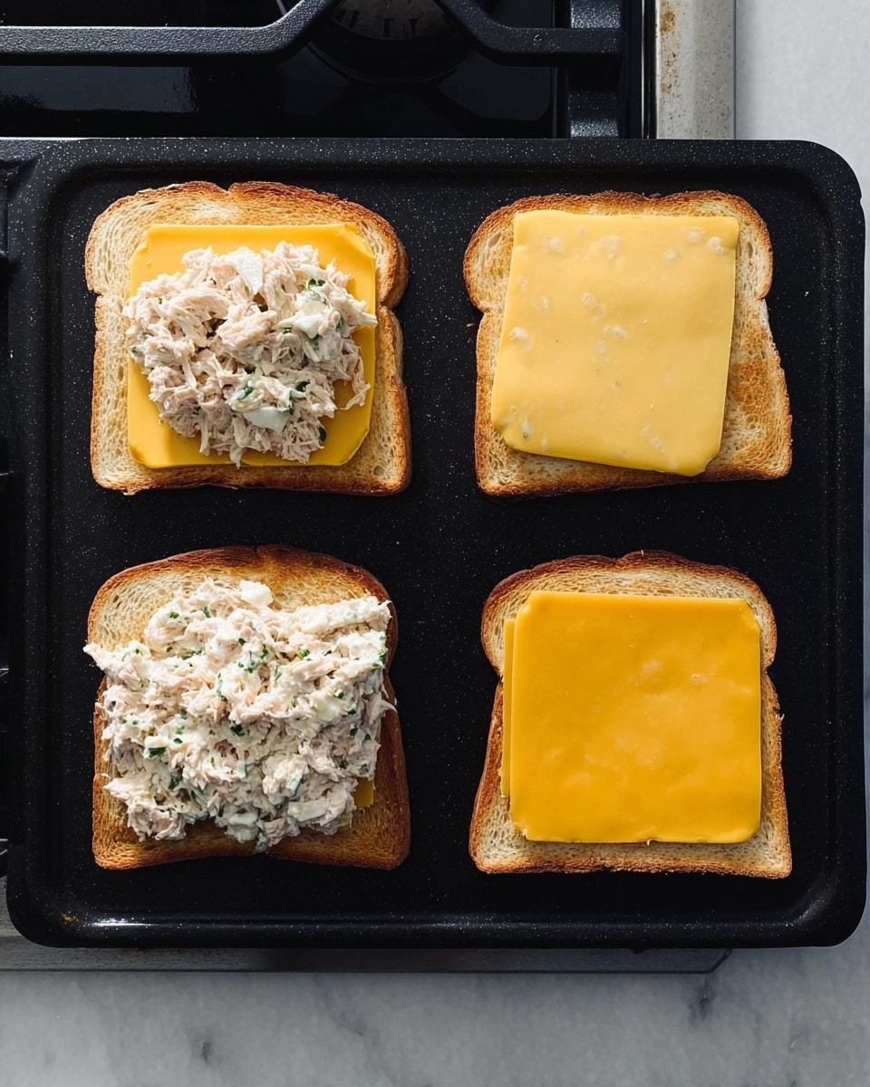 Four slices of toasted bread are on a black pan, placed side by side in a 2 by 2 arrangement. The top left slice has a slice of yellow cheese topped with a mound of white tuna salad with green herbs mixed in. The top right slice has a slice of smooth yellow cheese covering the toast. The bottom left slice has the same arrangement as the top left, with cheese and a thick layer of the tuna salad on top. The bottom right slice has a single slice of yellow cheese on the toast. The pan is near a black stove burner and a white marbled surface. The light shows a clear view from above. Photo taken with an iphone --ar 4:5 --v 7