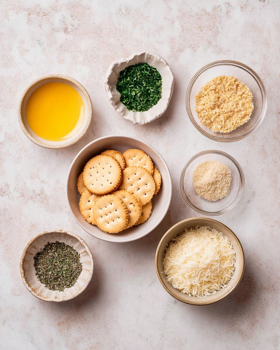 The image shows seven small white bowls and dishes arranged on a white marbled surface, each containing different ingredients. In the center, a round white bowl holds light brown round crackers with small holes. To the left, a white bowl contains bright yellow melted butter, while above it, a small white dish is filled with finely chopped green herbs. To the top right of the crackers, there is a clear glass bowl with light brown breadcrumbs, next to it on the right another clear dish has a smaller amount of a similar crumbly ingredient. Below these, a rustic light beige bowl holds finely grated white cheese. Lastly, the top left clear bowl contains dried green herbs. Photo taken with an iphone --ar 4:5 --v 7