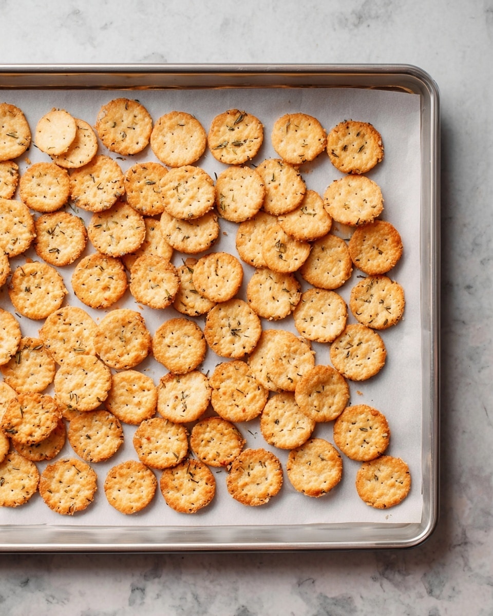 A single layer of round, small crackers spread evenly across a silver baking tray lined with white parchment paper. The crackers are light golden brown with some darker toasted spots, speckled with visible herbs for texture. The tray sits on a white marbled surface. Photo taken with an iphone --ar 4:5 --v 7