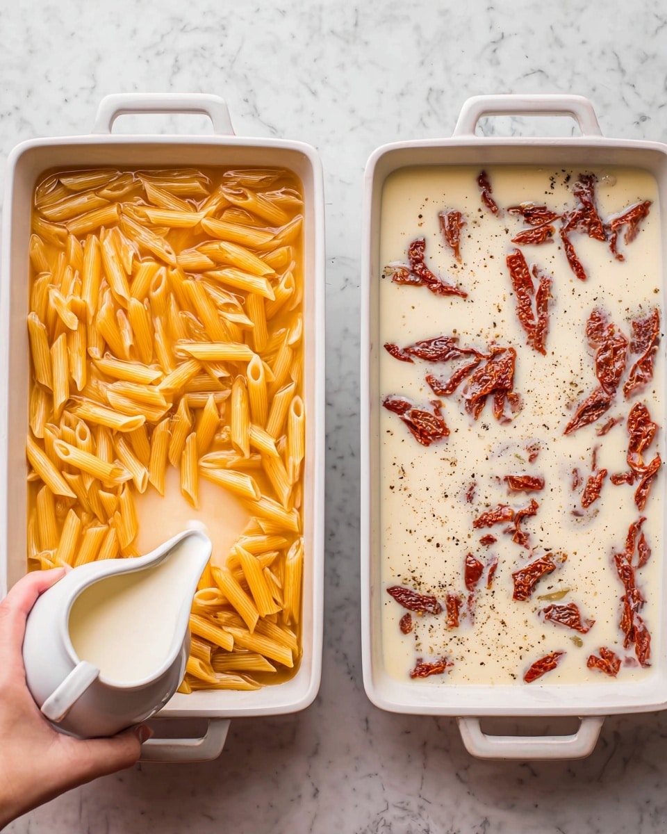 The image shows two rectangular white baking dishes side by side on a white marbled surface. The dish on the left is filled with orange-yellow penne pasta in water, and a woman's hand is pouring white liquid from a small white pitcher into it. The dish on the right contains a white creamy liquid topped with scattered pieces of dark red sun-dried tomatoes and specks of black pepper, all floating on the surface. Both dishes have a simple, clean look, with the ingredients clearly visible and evenly spread out. photo taken with an iphone --ar 4:5 --v 7