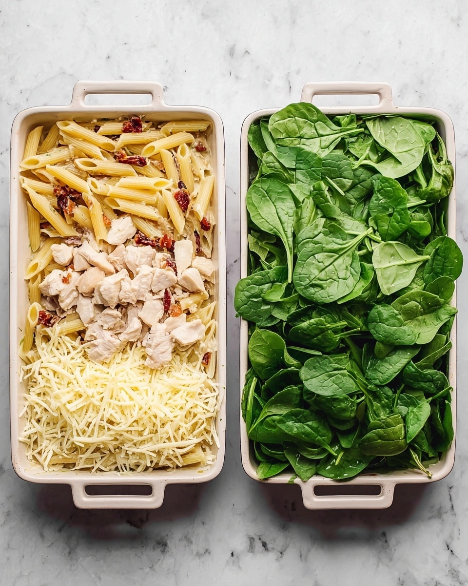 Two rectangular white baking dishes sit side by side on a white marbled surface. The dish on the left shows a base layer of cooked penne pasta mixed with a creamy sauce and bits of sun-dried tomatoes. On top of this pasta layer, there are three separate piles: shredded mozzarella cheese in the bottom half, grated parmesan cheese to the left, and small chunks of cooked chicken in the upper right. The dish on the right is covered fully with fresh, bright green spinach leaves, densely layered and showing some curled edges. Photo taken with an iphone --ar 4:5 --v 7