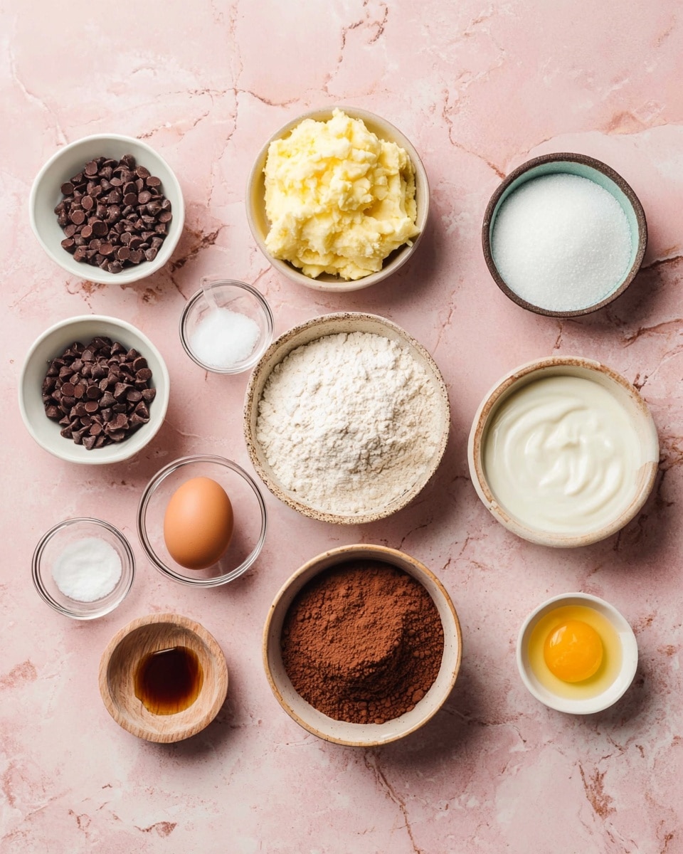The image shows a flat lay of various baking ingredients arranged on a soft pink surface with light marbled texture. There are small white bowls filled with dark chocolate chips in three places; one bowl is near the top center, one near the bottom center, and one on the left side. A bowl with mashed banana, light yellow and chunky, is near the top left, beside the chocolate. In the center is a beige bowl filled with white flour. To the right of flour is a rustic beige bowl with brown cocoa powder. A bowl with smooth white yogurt is placed right side near the center. There are two small crystal bowls with white powders near the upper right corner. A small scoop of salt in a tiny wooden cup sits on the far left. A transparent small bowl with dark amber vanilla extract is near the bottom left. Next to it, a white bowl contains white granulated sugar. Toward the bottom right are a white bowl with melted butter, light yellow and shiny, and a single brown egg resting directly on the surface. The setup is well lit and minimalistic. Photo taken with an iphone --ar 4:5 --v 7