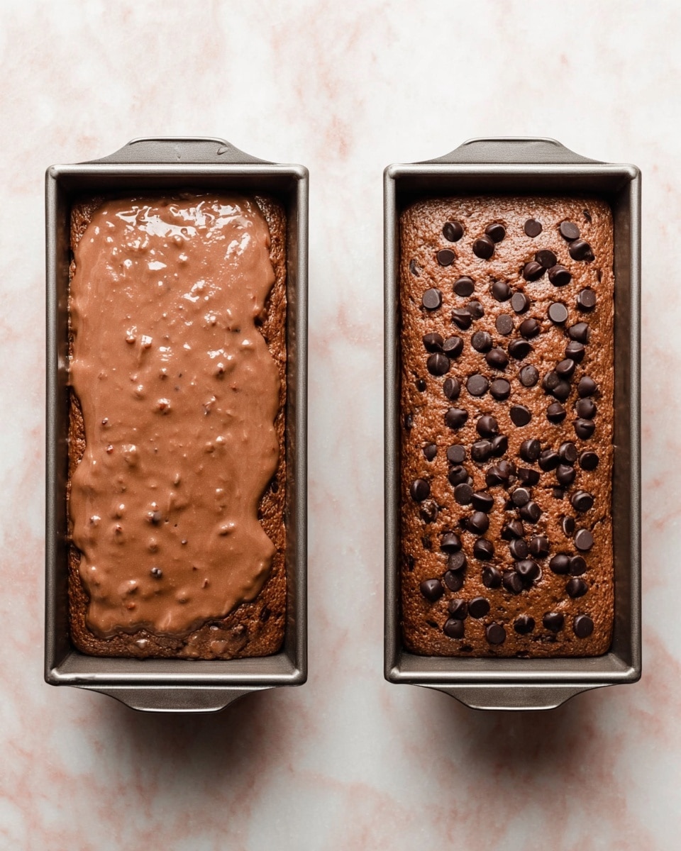 Two metal loaf pans are filled with chocolate batter, resting on a white marbled surface. The first pan shows a single thick layer of smooth, rich brown batter with small visible nut pieces mixed in, filling the pan almost to the top. The second pan has a similar layer of chocolate batter with scattered dark chocolate chips spread evenly on its surface, adding slight texture and contrast. Photo taken with an iphone --ar 4:5 --v 7