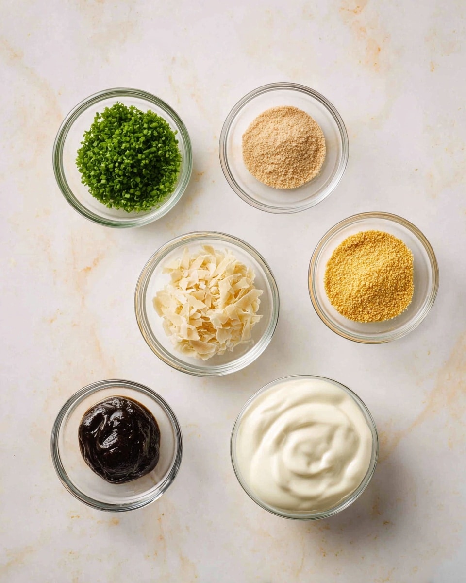 Six small clear glass bowls are arranged on a white marbled surface. The top left bowl holds finely chopped green herbs, smooth and bright. Below it, a bowl contains light brown granulated powder. In the center, there is a bowl with beige thin flakes that look dry and crisp. To the right of it, a bowl holds yellowish granules, fine and sandy. On the top right, a bowl contains a dark, thick paste with a shiny texture. The bottom right bowl holds a white creamy substance with soft swirls on the surface. photo taken with an iphone --ar 4:5 --v 7