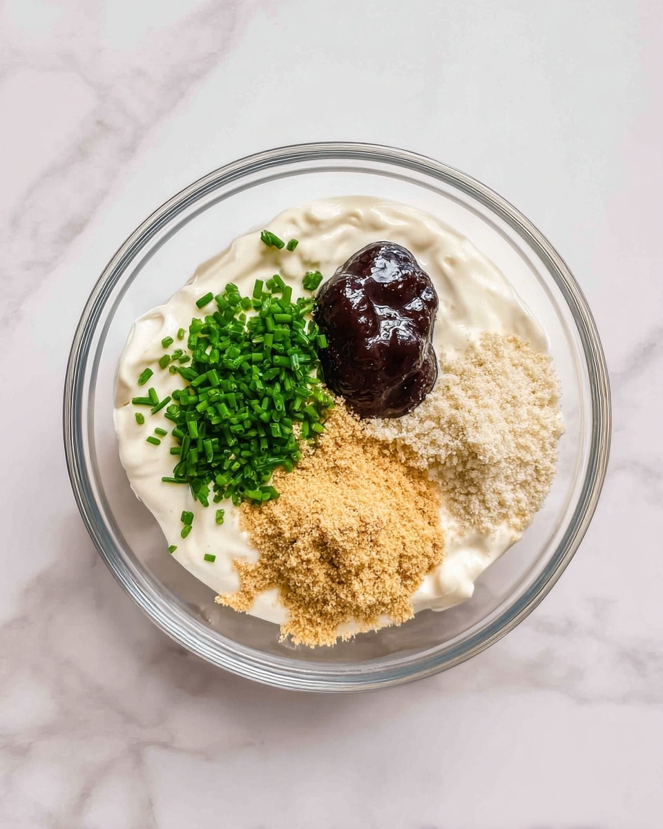 A clear glass bowl on a white marbled surface with four main layers inside: a base of thick white cream, topped with chopped green chives on the upper left, a dark thick sauce dollop on the upper right, a light brown powder sprinkled on the left side, and light beige crushed bits on the lower right side. All ingredients sit separately on the cream layer, showing clear color and texture contrasts. Photo taken with an iphone --ar 4:5 --v 7