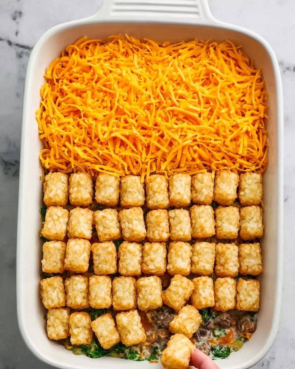 A white casserole dish sits on a white marbled surface, filled with a layered dish. The bottom layer is a mix of chopped ingredients including mushrooms and greens, topped with a thick spread of shredded bright orange cheddar cheese covering about two-thirds of the surface. The top third is arranged neatly with rows of golden-brown tater tots, each evenly spaced to create a grid pattern. A woman's hand is in the lower right corner, placing the last row of tater tots. Photo taken with an iphone --ar 4:5 --v 7