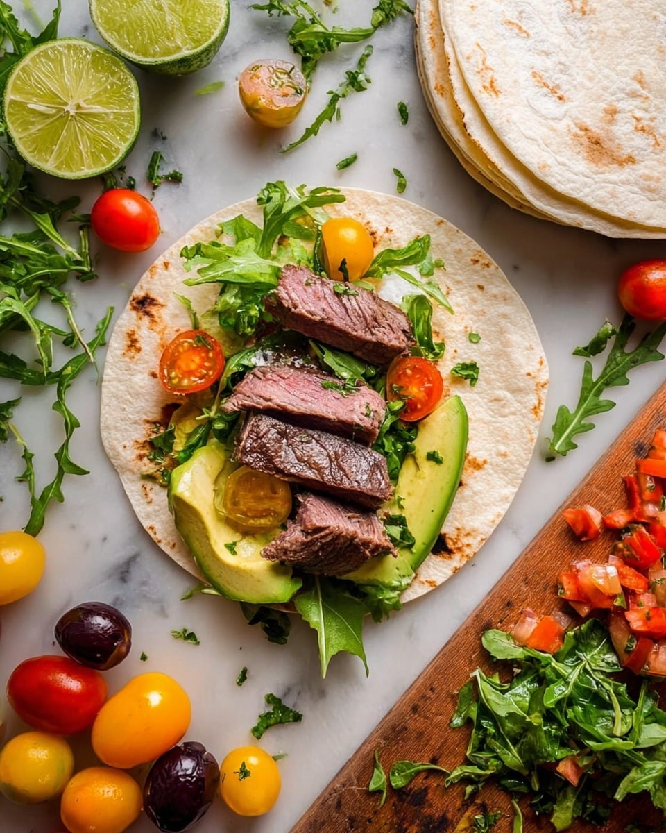 A small soft tortilla lays flat on a white marbled surface, topped with four thick slices of cooked steak placed in the center. Underneath the steak are fresh green leafy lettuce and light green slices of avocado. Around the steak are colorful cherry tomato halves in yellow, red, and dark purple, with some green herbs sprinkled on top. On the side, two halves of a lime sit on the surface, along with scattered arugula leaves and a bunch of colorful whole cherry tomatoes in yellow, red, and dark purple. A stack of white tortillas appears in the top right corner of the image, and a wooden cutting board with some chopped tomatoes and green herbs rests underneath part of the tortilla and ingredients. Photo taken with an iphone --ar 4:5 --v 7