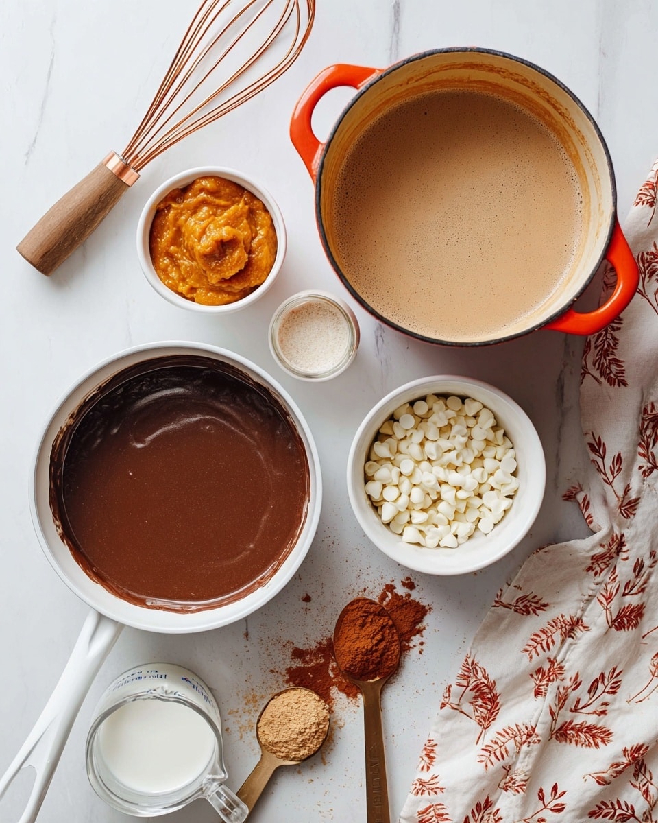 The image shows several cooking ingredients and tools on a white marbled surface. In the center, there is a white pan with a smooth, dark brown chocolate layer at the bottom. Above it, slightly to the right, is a red pot with a beige, creamy mixture inside. To the right of the pot, there is a white bowl filled with small white chocolate chips. Above the pot, a copper and wood whisk lies diagonally on the surface. To the left of the pot, a small white bowl contains a thick orange puree. Next to it is a clear glass measuring jug with white liquid inside. Below the jug, two spoons rest side by side; the left one holds reddish-brown powder, and the right one holds light brown granules, with some spills on the marbled surface. In the bottom right corner, part of a white cloth with red leaf patterns is visible. photo taken with an iphone --ar 4:5 --v 7
