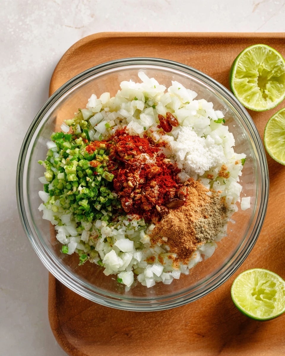 A clear glass bowl sits on a white marbled surface, filled with a mix of finely chopped white onions, small green chili pieces, and bits of red tomato. On top of this, there are piles of reddish-brown and light brown spices that stand out against the white onions, adding color contrast. Near the bowl, on a wooden tray, there are three lime wedges arranged in a small group. The overall appearance shows fresh ingredients ready to be combined into a flavorful dish. photo taken with an iphone --ar 4:5 --v 7