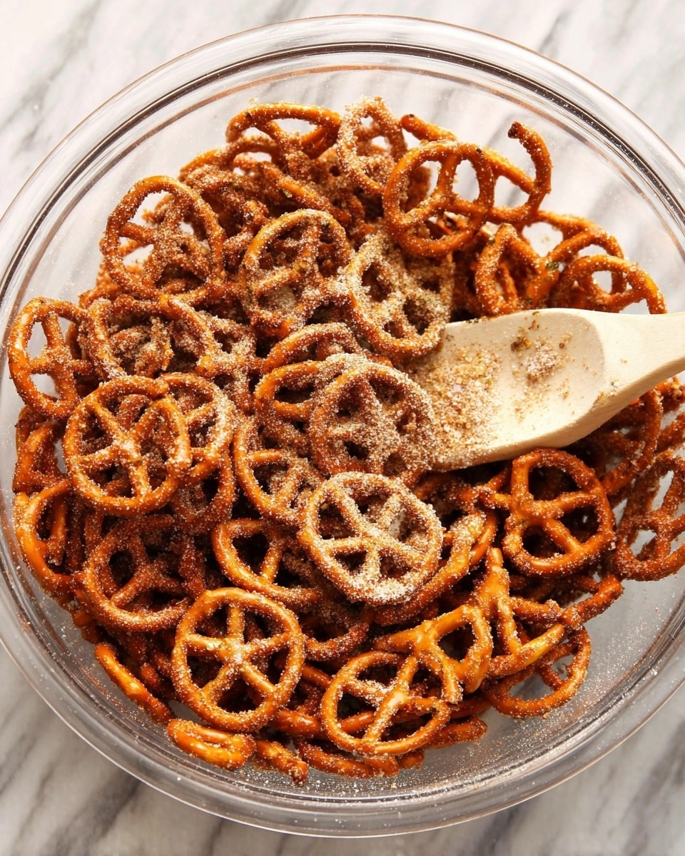 A clear glass bowl filled with a large pile of small brown pretzels coated in a grainy seasoning that looks like a mix of salt and herbs. A white wooden spoon with a darker brown handle stirs the pretzels, partially covered in the seasoning. The bowl sits on a surface with a white marbled texture. photo taken with an iphone --ar 4:5 --v 7