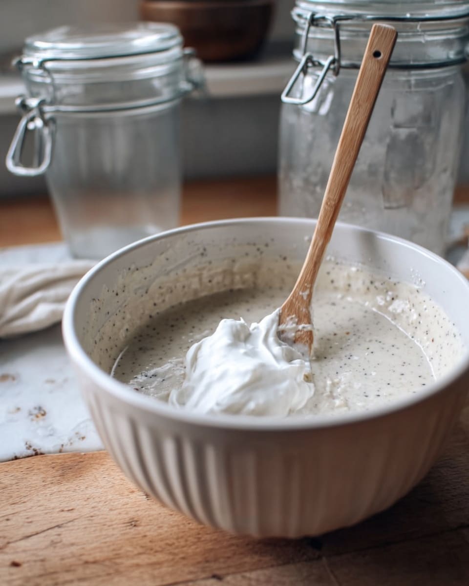 A white bowl filled with a light beige batter that has small black specks scattered throughout, with a dollop of thick white cream or yogurt sitting on top near the center. A light wooden spoon with a small hole near its end is resting inside the bowl, slightly angled and partially submerged in the batter. In the background, there are two clear glass jars with metal clasps and a clear measuring cup, all sitting on a wooden surface, with a white marbled texture beneath the bowl. The lighting is soft and natural, giving a cozy kitchen feel. photo taken with an iphone --ar 4:5 --v 7
