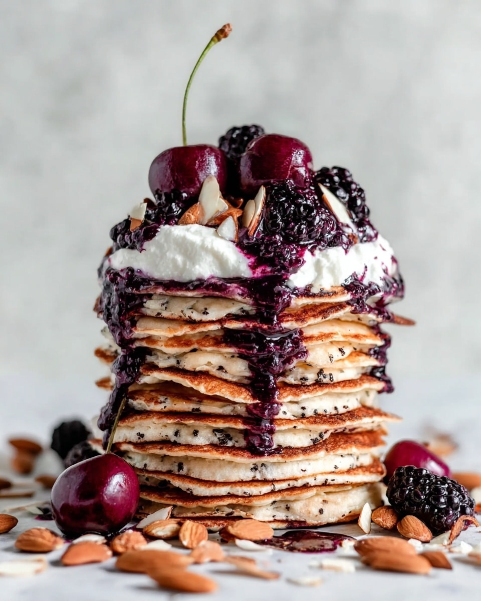 A tall stack of light tan pancakes with visible small dark specks is shown, having about ten layers. Each pancake is thin and round, with a slightly uneven edge and some browned spots. Dark purple berry sauce is generously drizzled down the sides, pooling on the white marbled surface below. The stack is topped with a thick layer of white whipped cream, several whole blackberries, dark cherries, and light brown almond slices scattered on top and around the base of the stack, adding texture and color contrast. photo taken with an iphone --ar 4:5 --v 7