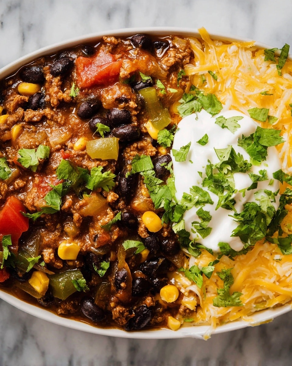 The image shows a close-up of a dish with two main parts divided clearly: on the left side, a mix of dark black beans, ground meat, corn, diced tomatoes, and green peppers, all cooked together with a rich brown sauce, and garnished with fresh green cilantro leaves; on the right side, a creamy layer of shredded yellow cheese melted over a smooth surface topped with a dollop of white sour cream, sprinkled with more fresh cilantro pieces, all placed in a white bowl on a white marbled texture; the colors create a warm and fresh contrast between the rich, dark bean mixture and the bright, cheesy side. photo taken with an iphone --ar 4:5 --v 7