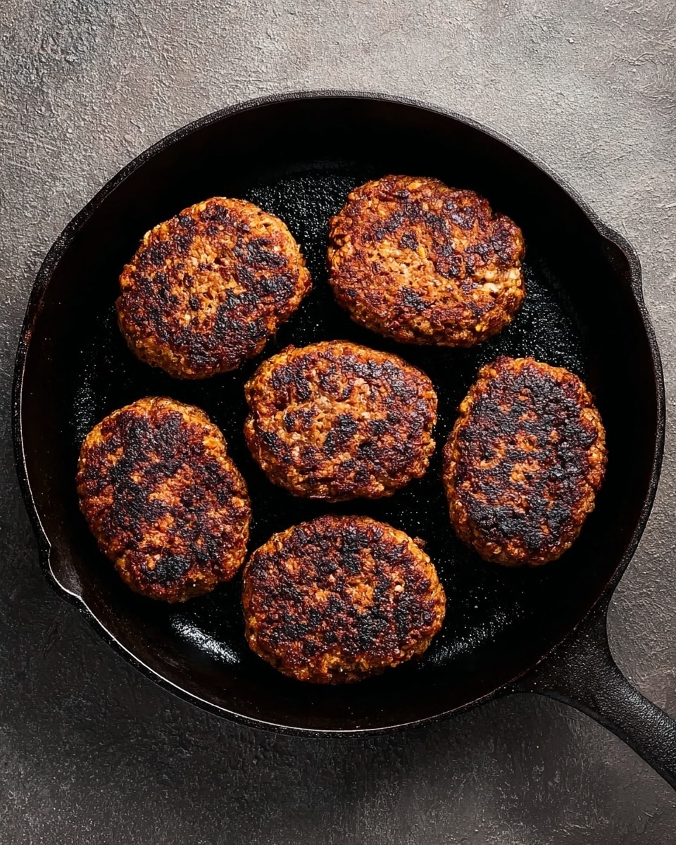 The image shows six brown patties with a slightly charred look on their surface, arranged in a black cast iron pan. The patties are oval and evenly spaced, each one showing a mix of darker and lighter brown textures that imply a crispy outer layer. The pan is on a surface with a rough gray texture. No other items or colors are present in the frame. photo taken with an iphone --ar 4:5 --v 7