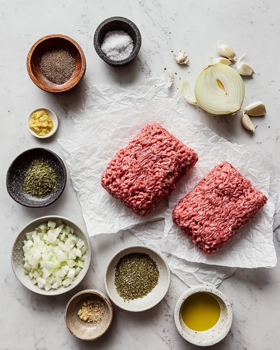 The image shows two large and thick rectangular portions of raw ground meat, one slightly darker than the other, placed on two sheets of crumpled white parchment paper in the middle of a white marbled surface. Around the meat, there are small bowls arranged in a curved shape: a dark wood bowl with mixed black and white pepper, a black marble bowl filled with salt, a small white bowl of golden olive oil, a small earthenware bowl with dried green herbs, a white bowl holding finely minced garlic, a white bowl with ground brown spice, a medium gray bowl with chopped white onions, a dark ceramic bowl containing greenish dried herbs, and a tiny bowl with pale yellow seasoning. All ingredients have a fresh and clean look. Photo taken with an iphone --ar 4:5 --v 7