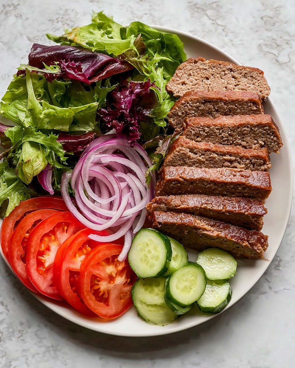 A white plate on a white marbled surface holds several layers of food arranged neatly in sections. On the right side, there are eight slices of brown meatloaf stacked slightly overlapped, showing a moist texture. Above the meatloaf is a mixed leafy green salad with dark purple, light green, and bright green leaves creating a fresh and textured look. On the left side of the plate, bright red tomato wedges sit above thinly sliced red onion rings, which are curved and slightly translucent. Below the onion, light green cucumber slices with visible seeds are arranged in a small mound. The colors are vivid and the textures range from soft meat to crisp fresh vegetables. Photo taken with an iphone --ar 4:5 --v 7