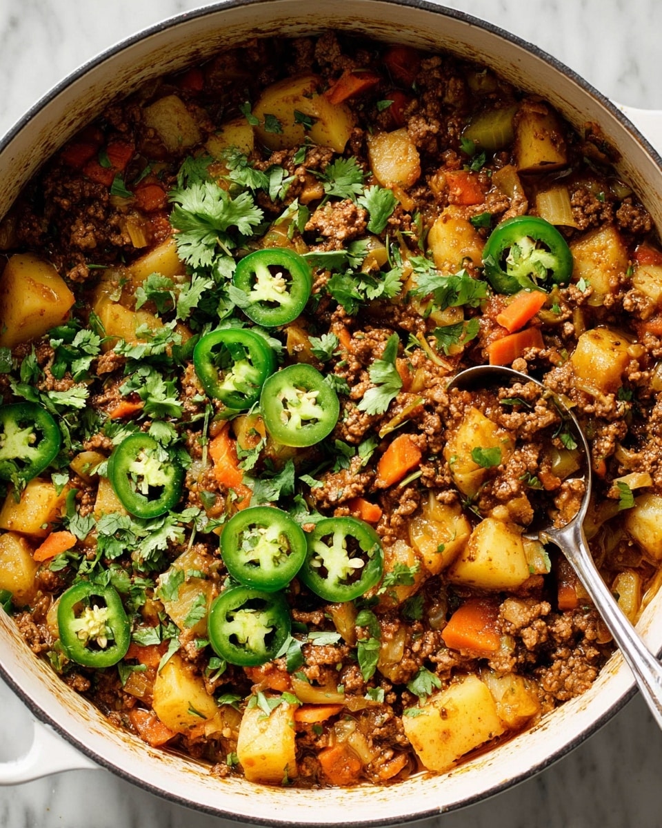A white pot with light green handles filled with a cooked dish made of small brown ground meat pieces, orange shredded carrots, and light yellow chunky potatoes. The dish is topped with bright green sliced jalapenos and chopped fresh green herbs. A shiny silver spoon with a white handle rests inside the pot holding a scoop of the mixture. Around the pot on a white marbled surface, there is a white bowl with white rice mixed with green herbs and stacked white flour tortillas with brown spots. A woman's hand holds the spoon. photo taken with an iphone --ar 4:5 --v 7