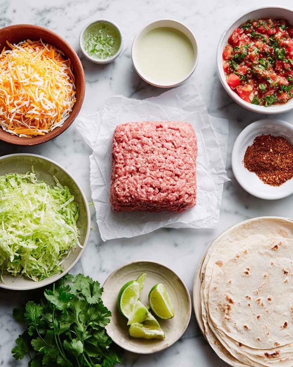 The image shows a white marbled surface with various ingredients arranged in a flat lay. In the center, there is a raw, pink block of ground meat resting on white paper. Surrounding it are several small white bowls: one at the top right filled with bright red salsa with chopped tomatoes and herbs, another below it holding a light green liquid, and a third one with reddish-brown spice mixture to the right. To the left are a wooden bowl filled with shredded orange and white cheese and a white bowl full of shredded green lettuce. On the bottom right, a beige plate holds three lime wedges, next to a white bowl of creamy white sauce. In the top right corner, a small bunch of fresh cilantro lies near a stack of small, white flour tortillas, all sitting on the white marbled surface. photo taken with an iphone --ar 4:5 --v 7