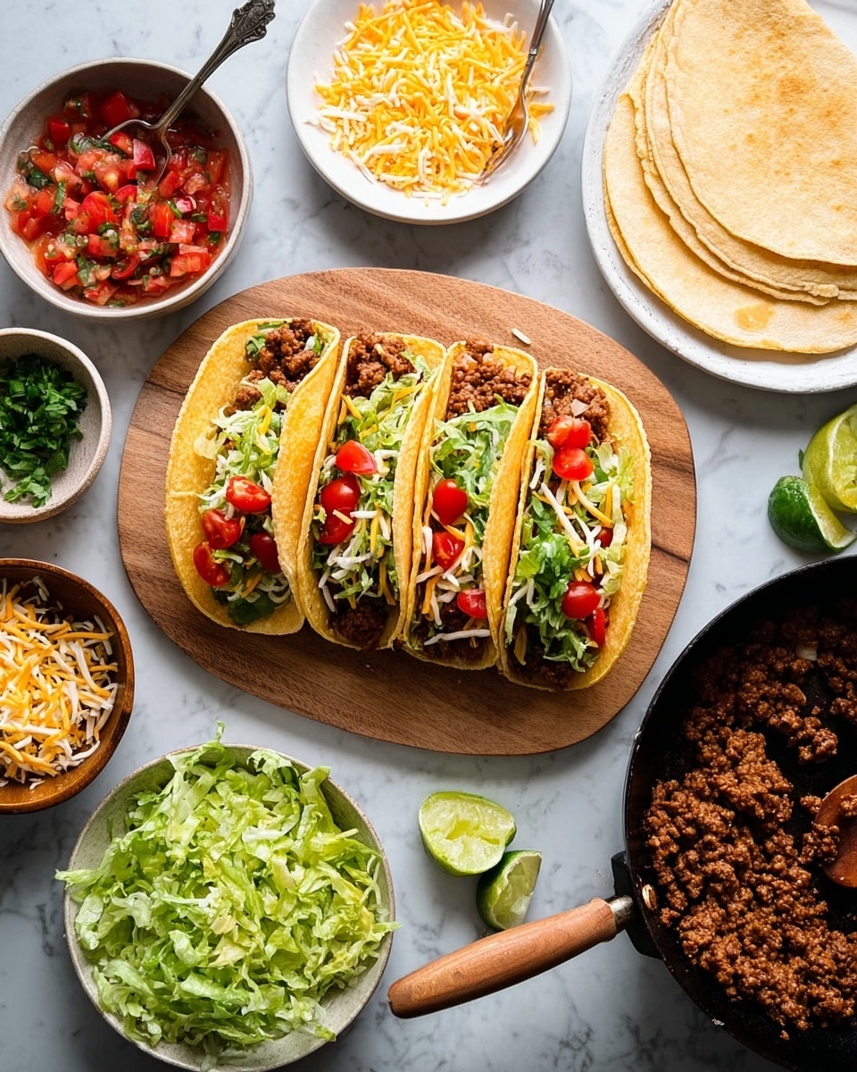 Three tacos rest on a wooden board; each taco has a soft, light brown tortilla filled with crumbled cooked meat, bright red cherry tomato pieces, shredded yellow and white cheese, and fresh green lettuce. To the left, a small bowl of chopped tomatoes with herbs and a spoon sits beside a small white plate piled with shredded mixed cheese, a smaller white plate with lime wedges, and a white plate full of shredded green lettuce. To the right, a white plate holds two folded soft tortillas, and a black pan with a wooden handle holds more cooked crumbled meat. The background is a white marbled surface. Photo taken with an iphone --ar 4:5 --v 7