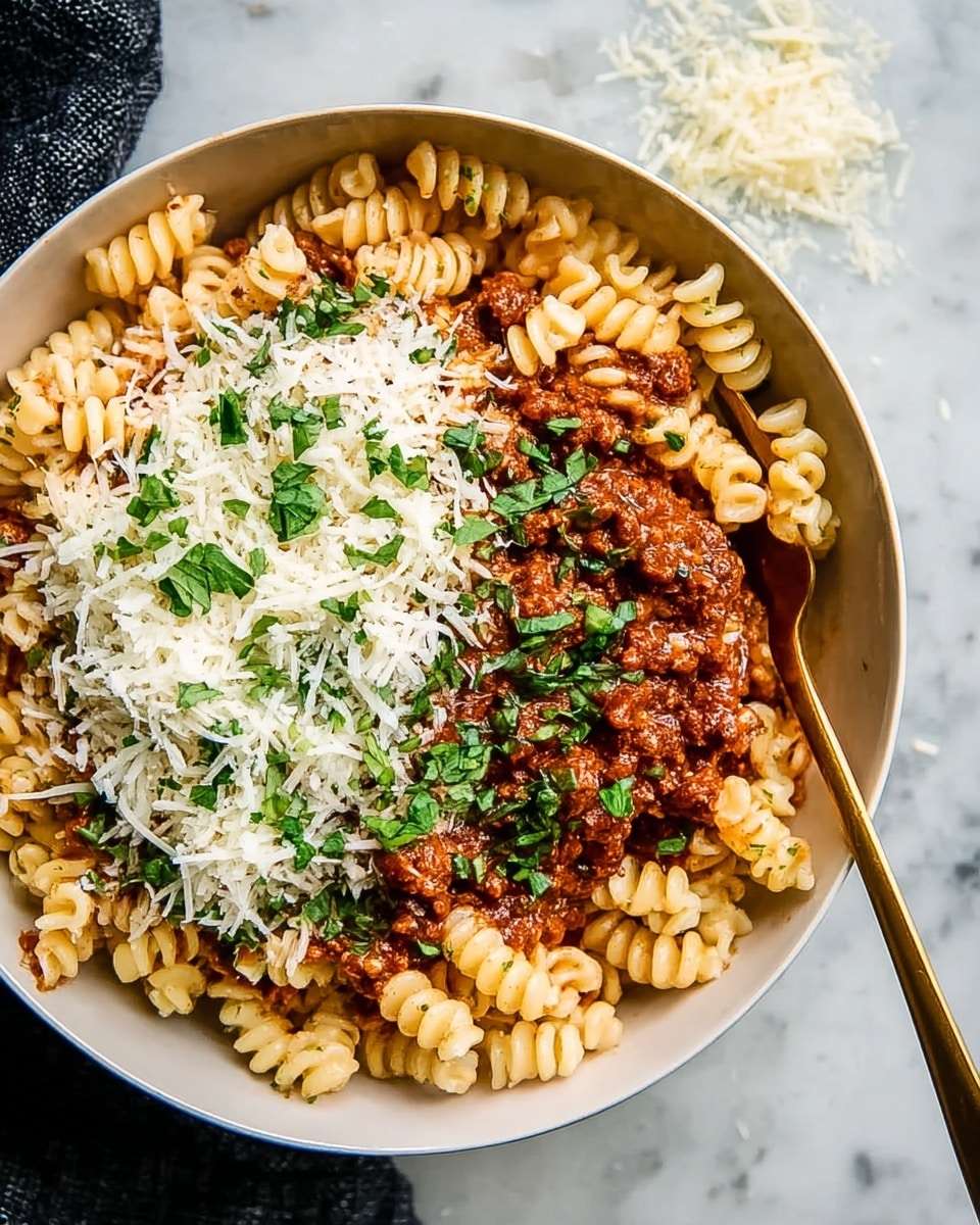 A white bowl filled with three layers of food: the bottom layer is twisty pasta in a light golden color; the middle layer is thick brownish-red meat sauce spread unevenly on top of the pasta; the top layer is white shredded cheese sprinkled heavily to one side with chopped green herbs scattered over the dish. A gold fork rests on the edge of the bowl, and the bowl sits on a white marbled surface with a small amount of cheese scattered nearby. photo taken with an iphone --ar 4:5 --v 7