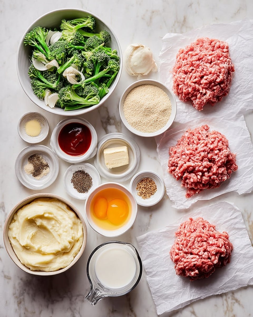 The image shows ingredients neatly arranged on a white marbled surface. On the right side, there are two portions of raw ground meat on white parchment paper, one lighter pink and one deeper pink. To the left of the meat, there are small bowls with different spices and wet ingredients: black pepper, soy sauce, brown seasoning, salt, garlic powder, and granulated seasoning. Above them is a small bowl of bright red ketchup, a bowl with beaten eggs showing a smooth orange-yellow surface, and another with light beige breadcrumbs. On the far left, a white bowl holds cooked green broccoli topped with garlic slices. Below, there is a white bowl with creamy mashed potatoes topped with a pat of melting butter. A clear glass measuring cup with milk is below the spices. Everything is cleanly arranged with soft, natural light, photo taken with an iphone --ar 4:5 --v 7