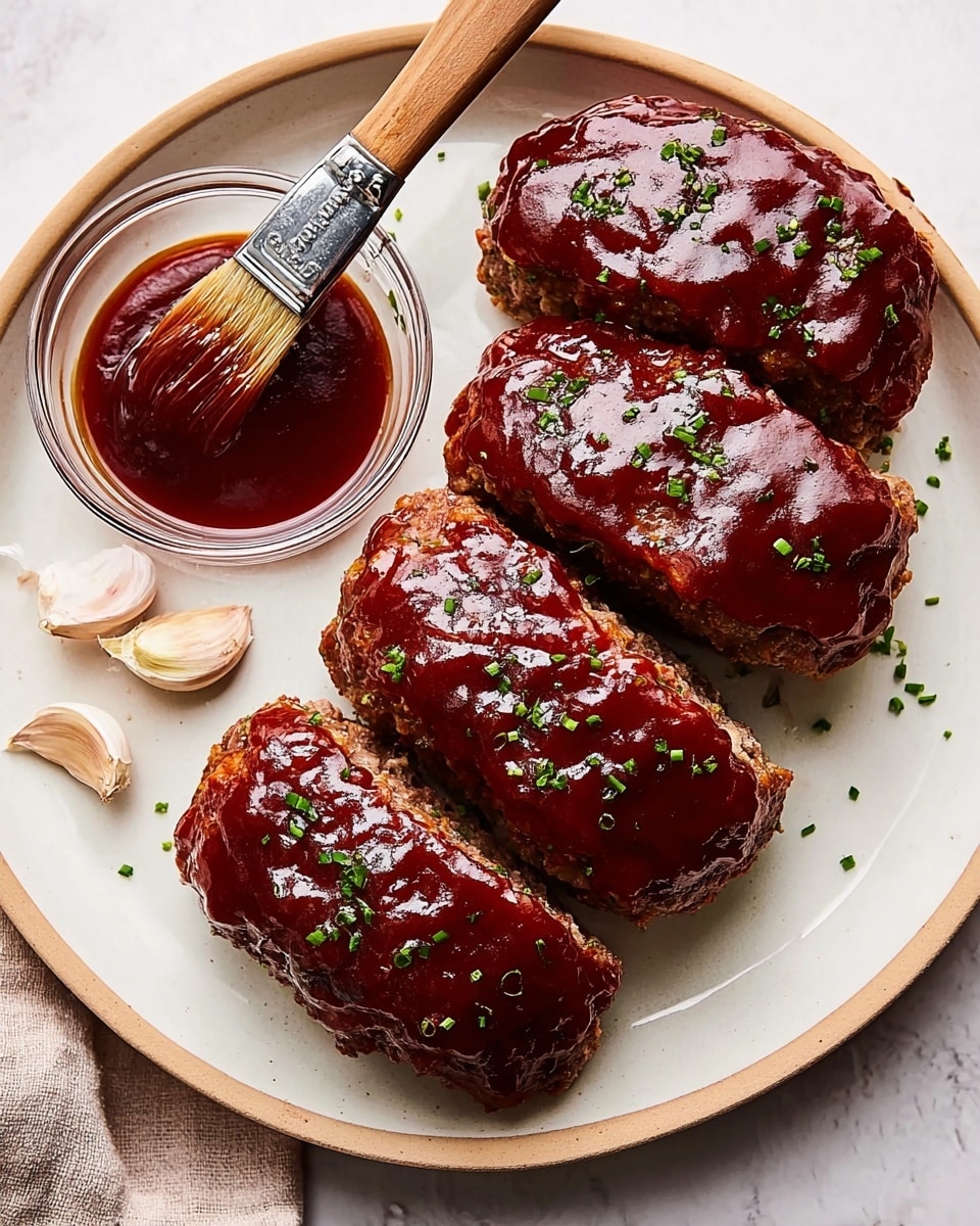 Four shiny, thick meatloaf pieces covered in dark red sauce, each sprinkled lightly with small green herb bits, are placed closely together on a large white plate with a beige rim. Next to them, a small, clear round bowl filled with the same dark red sauce has a wooden-handled brush dipped inside it. Around the food, there are a few light beige garlic cloves with some skin still on. The plate sits on a white marbled surface. photo taken with an iphone --ar 4:5 --v 7