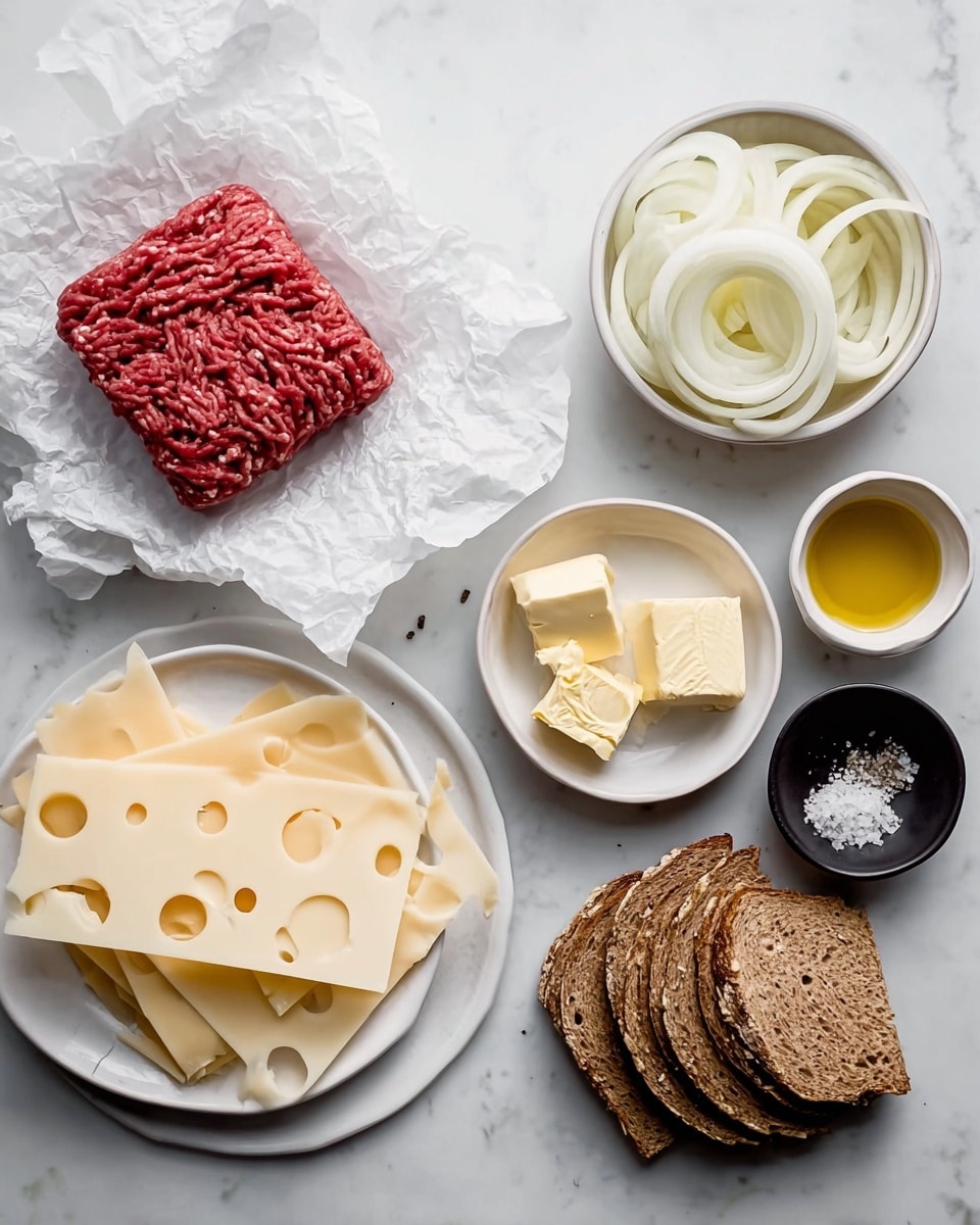 The image shows several ingredients arranged neatly on a white marbled surface, ready for cooking. There is a block of raw ground red meat placed on crumpled white paper in the top left. Below that, a white plate holds slices of pale yellow Swiss cheese with holes. To the right of the cheese are small white bowls containing golden olive oil, creamy light mayo, yellow butter cubes, a dark brown liquid, and a black bowl with white salt and pepper seasoning. Above these bowls, a white bowl is filled with thin white onion rings. On the far right, there are four slices of brown whole grain bread stacked slightly overlapping. Photo taken with an iphone --ar 4:5 --v 7