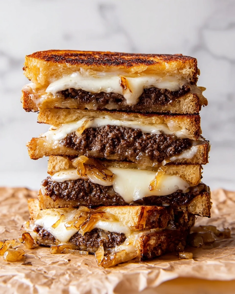 A tall stack of four toasted sandwiches is shown, each with two golden brown, crispy bread layers. Between the bread layers, there is a thick, dark brown cooked ground meat layer, and melted white cheese that is soft and slightly oozing out. Some cooked golden caramelized onions are spread unevenly between the layers, adding texture and shine. The stack sits on a piece of crumpled light brown parchment paper, and the background is a white marbled surface. The photo taken with an iphone --ar 4:5 --v 7