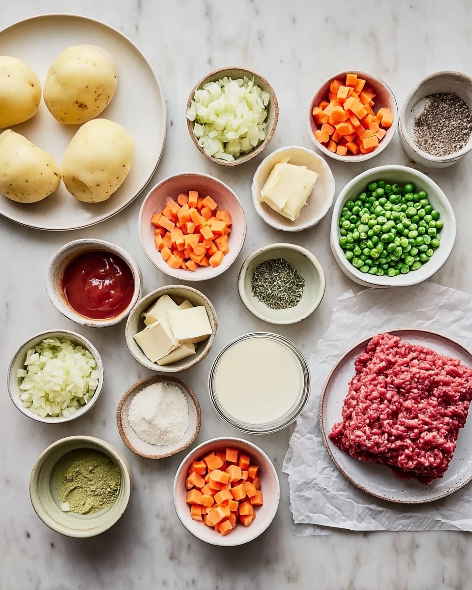 The image shows various ingredients laid out on a white marbled surface, each in separate small white, gray, or wood bowls and plates. There are large peeled potato pieces on a white plate to the left. Around them are smaller bowls with diced orange carrots, chopped white onions, diced light green celery, minced garlic, frozen green peas, butter sticks, tomato paste, salt, black pepper, dried herbs, flour, broth, and milk. A portion of raw red ground meat sits on white parchment paper placed on the surface. The arrangement is neat and spread out for clear viewing. Photo taken with an iphone --ar 4:5 --v 7
