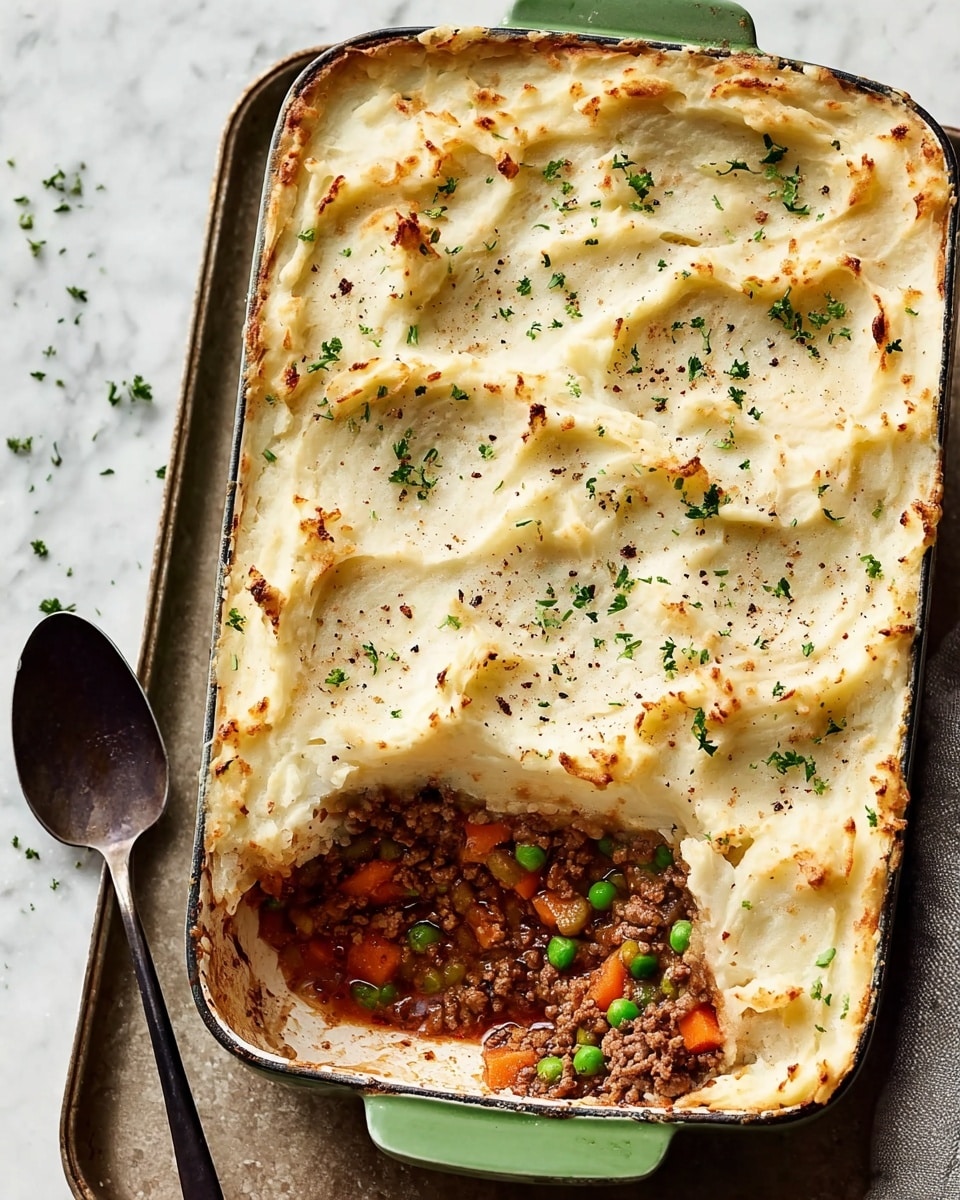 A rectangular casserole dish with green handles is filled with a shepherd's pie showing two layers. The top layer is smooth, creamy mashed potatoes, slightly browned and speckled with small bits of black pepper and green parsley. The bottom layer, visible where a portion is missing, reveals a rich mixture of cooked ground meat, carrots, peas, and finely diced onions in a thick reddish-brown sauce. The dish sits on a tray with a dark spoon next to it, and the background is a white marbled surface. photo taken with an iphone --ar 4:5 --v 7
