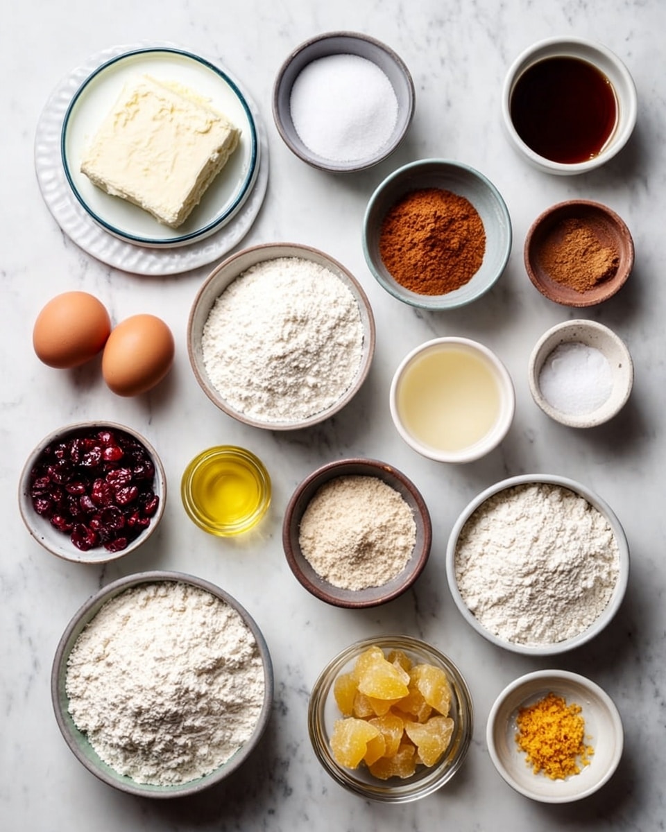 The image shows a white marbled surface with 16 small white and gray bowls arranged neatly, each filled with different baking ingredients. From left to right and top to bottom, there is a white cream cheese block on a white plate with a blue rim, a small gray bowl with white sugar, a white bowl of light brown cinnamon powder, two brown eggs placed directly on the surface, a larger gray bowl filled with white powdered sugar, a small white bowl of light beige liquid, a white bowl of dark brown liquid, a white bowl with yellow crystallized ginger, a small glass bowl of clear light yellow oil, a small white bowl of dark red cranberries, a medium gray bowl filled with white flour, a small white bowl containing orange zest, a tiny white bowl with dark brown powder, a small brown bowl with yellow ginger powder, a small gray bowl of white salt, and finally a medium gray bowl filled with a beige applesauce-like substance. Everything is arranged in a tidy, organized layout, photo taken with an iphone --ar 4:5 --v 7