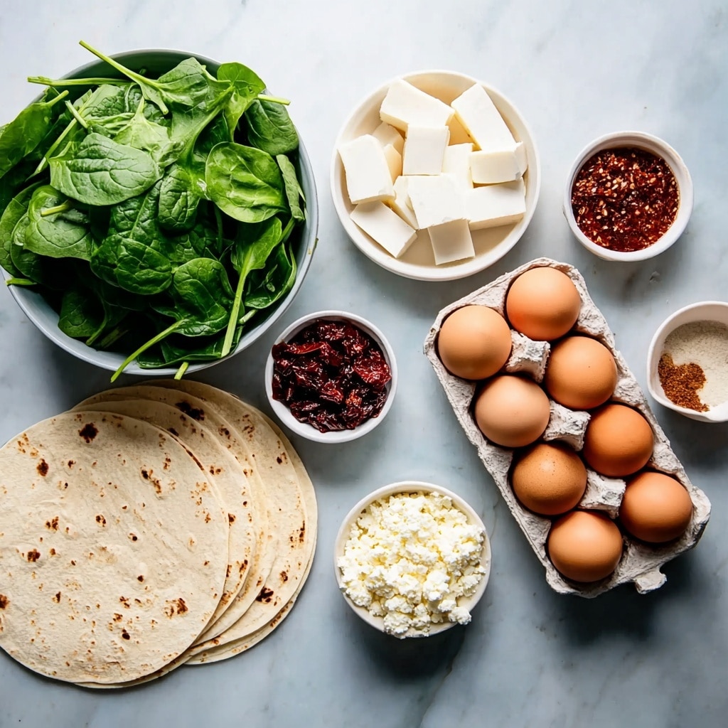 The image shows several food ingredients arranged neatly on a white marbled surface. There is a large white bowl filled with fresh green spinach leaves on the left side. Above it, a small white bowl contains four cubes of white cheese. Below the cheese, another small white bowl holds sundried tomatoes, dark red and finely chopped. To the right of these bowls, an open carton holds ten brown eggs placed in two rows. Around the eggs, there are three small white bowls: one with crumbly white cheese, one with a small amount of reddish paste, and one with different types of salt or seasoning. Below all these items are three round tortillas with light brown spots. The colors include fresh green, white, brown, and red shades on a smooth white marbled background. photo taken with an iphone --ar 4:5 --v 7