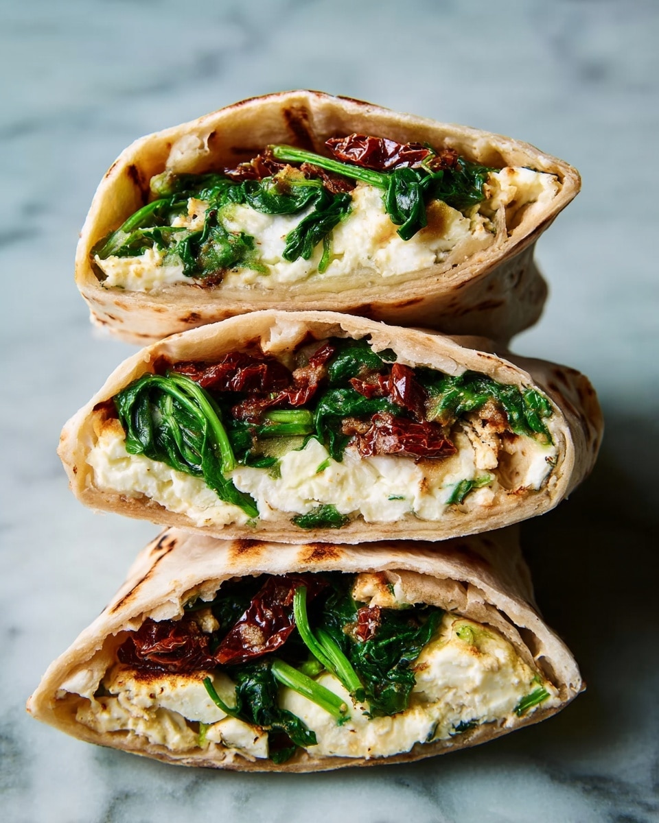 Three stacked wraps are shown on a white marbled surface. Each wrap is cut in half, showing three visible layers inside: a light beige soft flatbread on the outside, a thick white creamy layer of cheese in the middle, and bright green spinach leaves mixed with dark red sun-dried tomato pieces. The textures show the flatbread slightly toasted with golden brown spots, the cheese smooth and dense, and the spinach fresh and leafy. The sun-dried tomatoes look slightly wrinkled and glossy, adding color contrast. Photo taken with an iphone --ar 4:5 --v 7