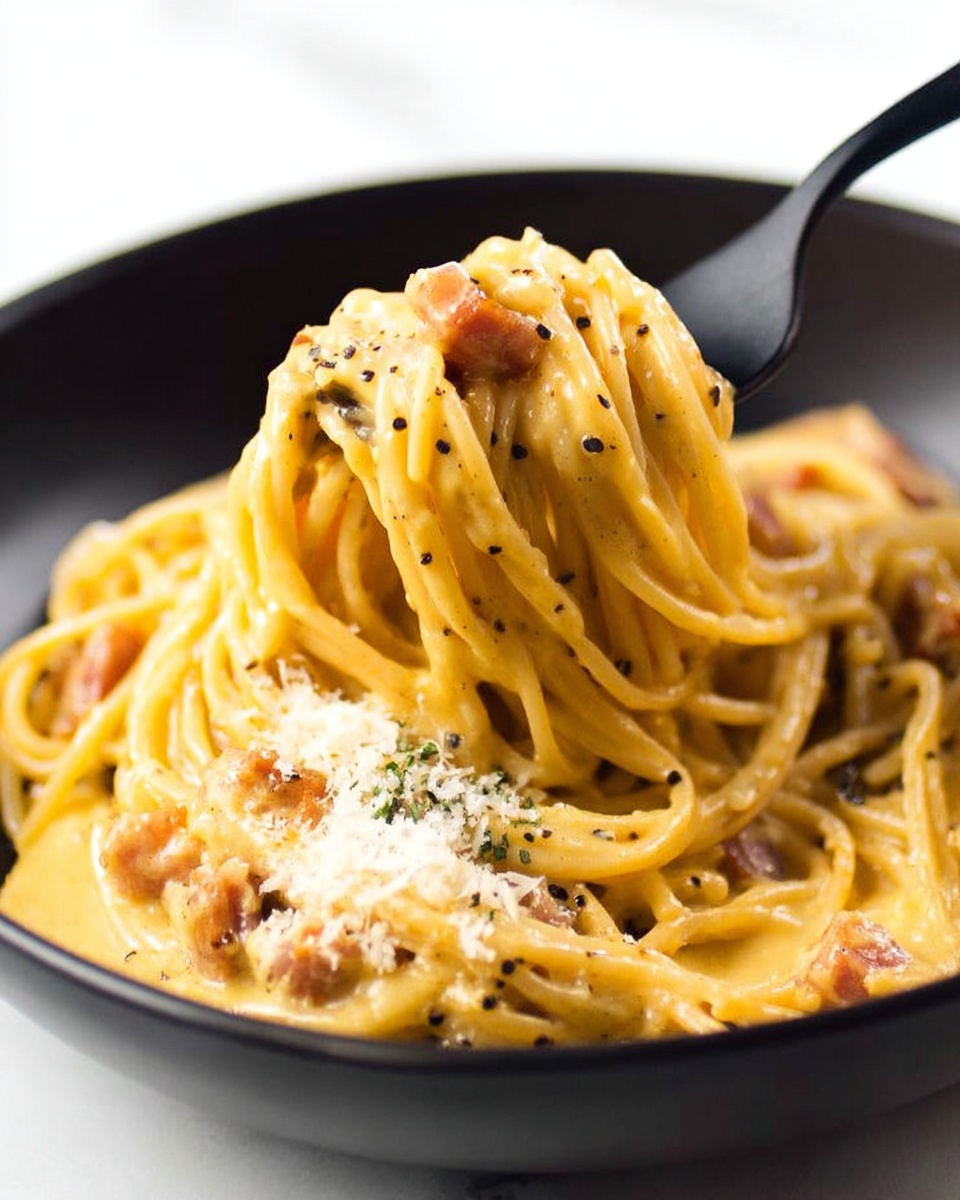 Authentic Italian Carbonara Recipe 5 A close-up view of a black bowl filled with spaghetti coated in a thick, creamy yellow sauce with small black pepper dots. The spaghetti is twirled on a black fork lifted above the bowl, showing some pieces of light brown chunks of what looks like bacon or pancetta mixed in. On one side inside the bowl, there is a sprinkle of finely grated white cheese with a few green herb flakes. The background is plain white. The bowl is on a white marbled surface photo taken with an iphone --ar 4:5 --v 7