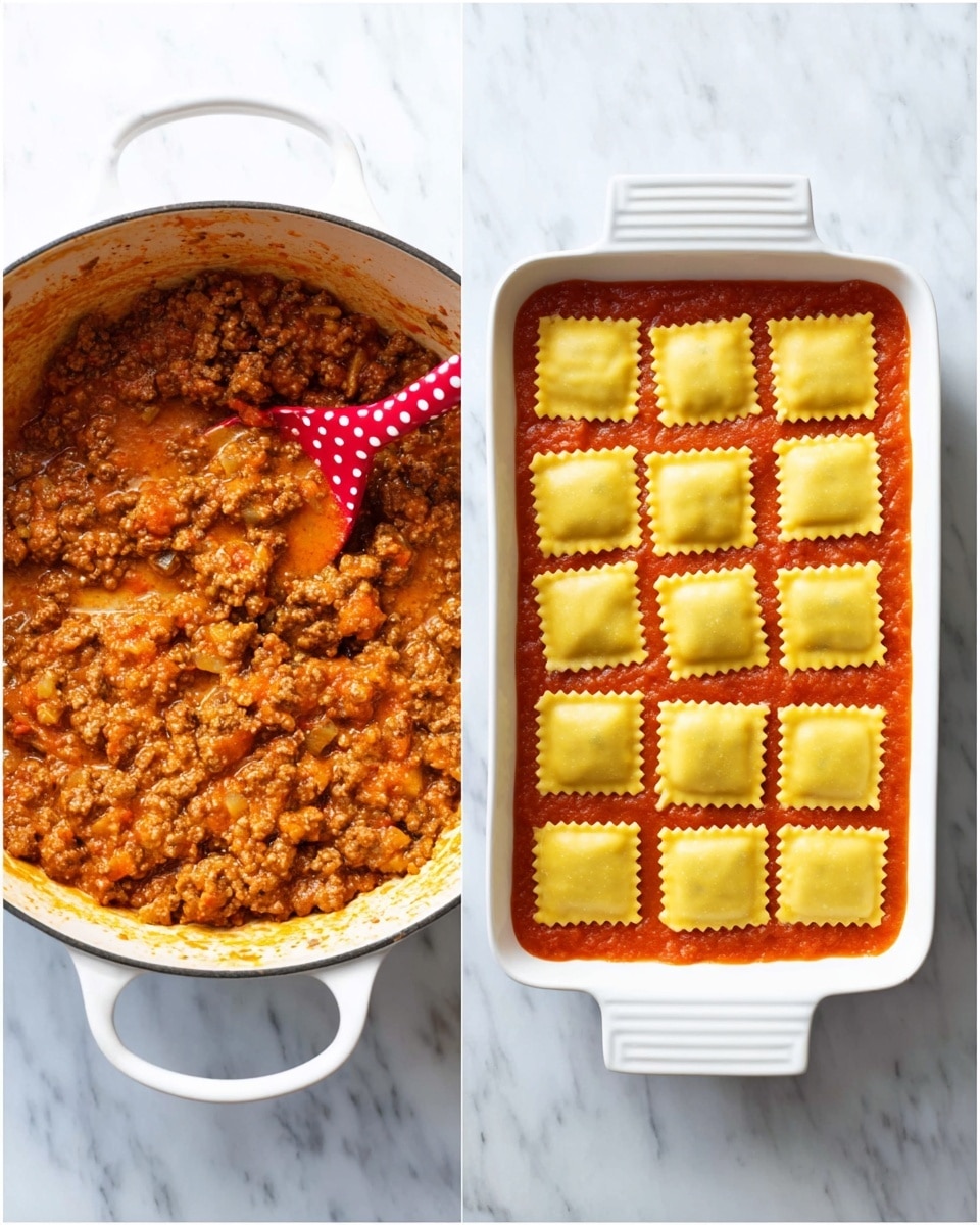 The image shows two side-by-side photos of a cooking process. On the left, there is a white pot filled with thick, chunky meat sauce made of browned ground meat mixed with orange-red tomato sauce, small bits of onions, and a red slotted spoon with white polka dots resting inside. On the right, a white rectangular baking dish contains an even layer of bright red tomato sauce topped by a single layer of 16 evenly spaced yellow square ravioli pasta pieces with crimped edges. Both dishes sit on a white marbled surface. Photo taken with an iphone --ar 4:5 --v 7