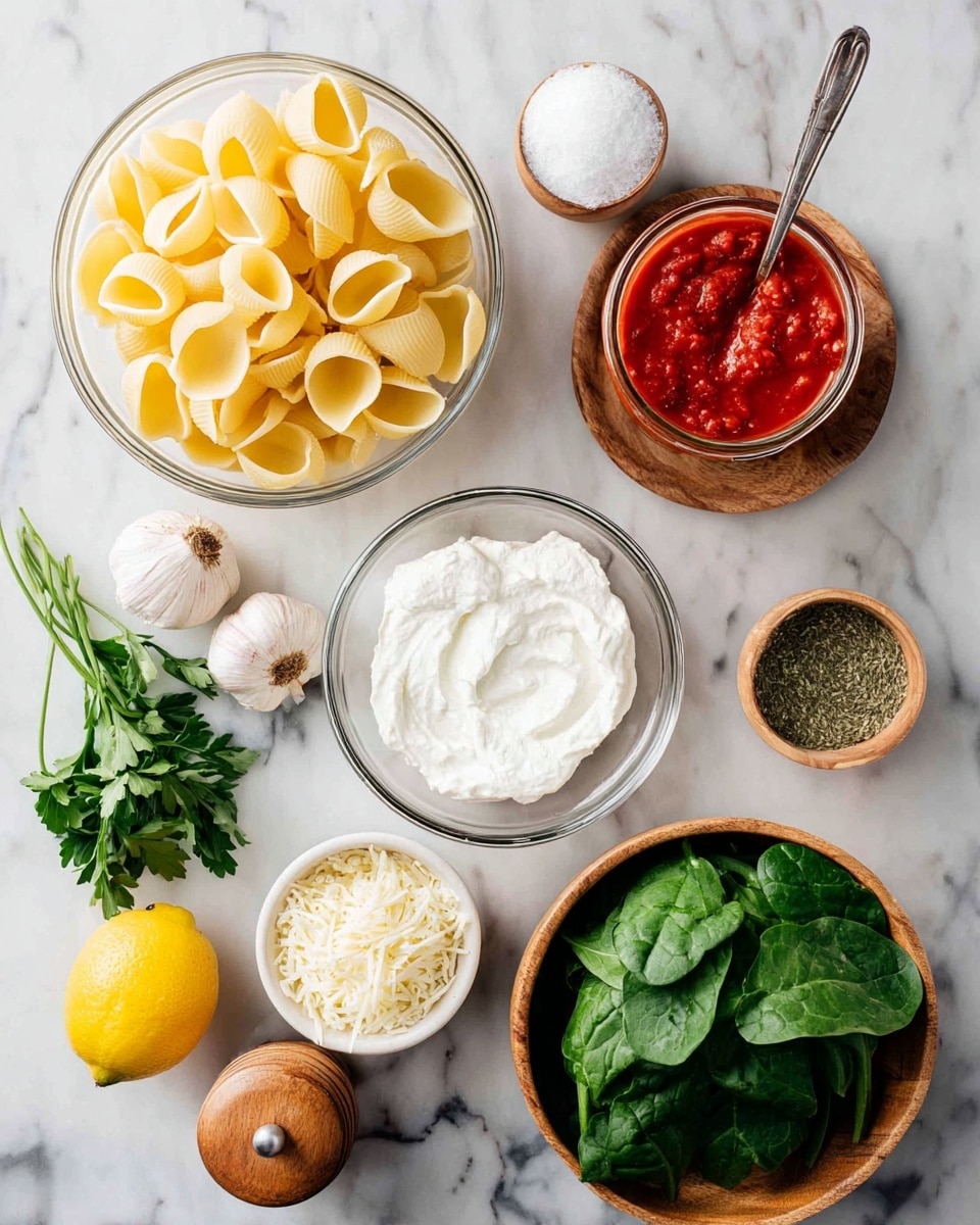 The image shows ingredients for a pasta dish arranged neatly on a white marbled surface. There is a clear bowl filled with large, pale yellow pasta shells in the top left. Next to it is a round wooden bowl with coarse salt, and beside that, an open jar filled with bright red tomato sauce with a metal spoon inside. Below is a clear bowl with smooth white ricotta cheese and a small wooden spoon resting on the edge. Nearby are three whole garlic bulbs and a wooden pepper grinder. At the bottom right, a wooden bowl holds fresh, dark green spinach leaves. There are small white bowls containing a green dried herb and shredded white cheese. A sprig of fresh green parsley and a whole yellow lemon are also visible on the marble surface. Photo taken with an iphone --ar 4:5 --v 7