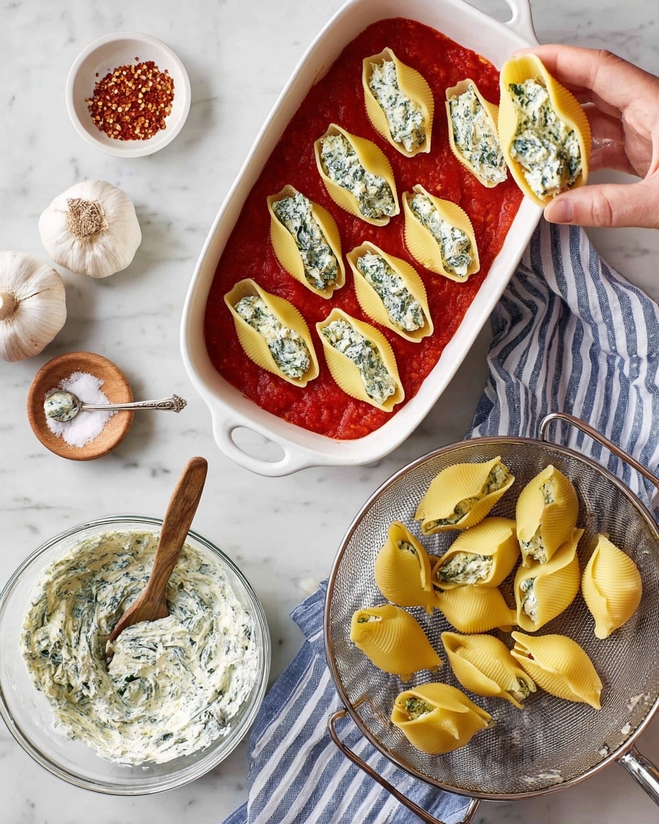 The image shows a white baking dish filled with a layer of bright red tomato sauce on the bottom, and on top are large yellow pasta shells filled with a creamy white mixture that has green spinach bits inside, arranged neatly in two rows; to the right, a metal colander holds more empty yellow pasta shells with a smooth texture, resting on a striped blue and white cloth on a white marbled surface. Below that, a glass bowl contains the same creamy white spinach mixture with two spoons inside, one silver and one wooden. Above the baking dish are three whole garlic bulbs and two small white dishes, one with coarse white salt and a wooden spoon, the other with red pepper flakes. A woman's hand is holding a filled pasta shell over the baking dish. Photo taken with an iphone --ar 4:5 --v 7