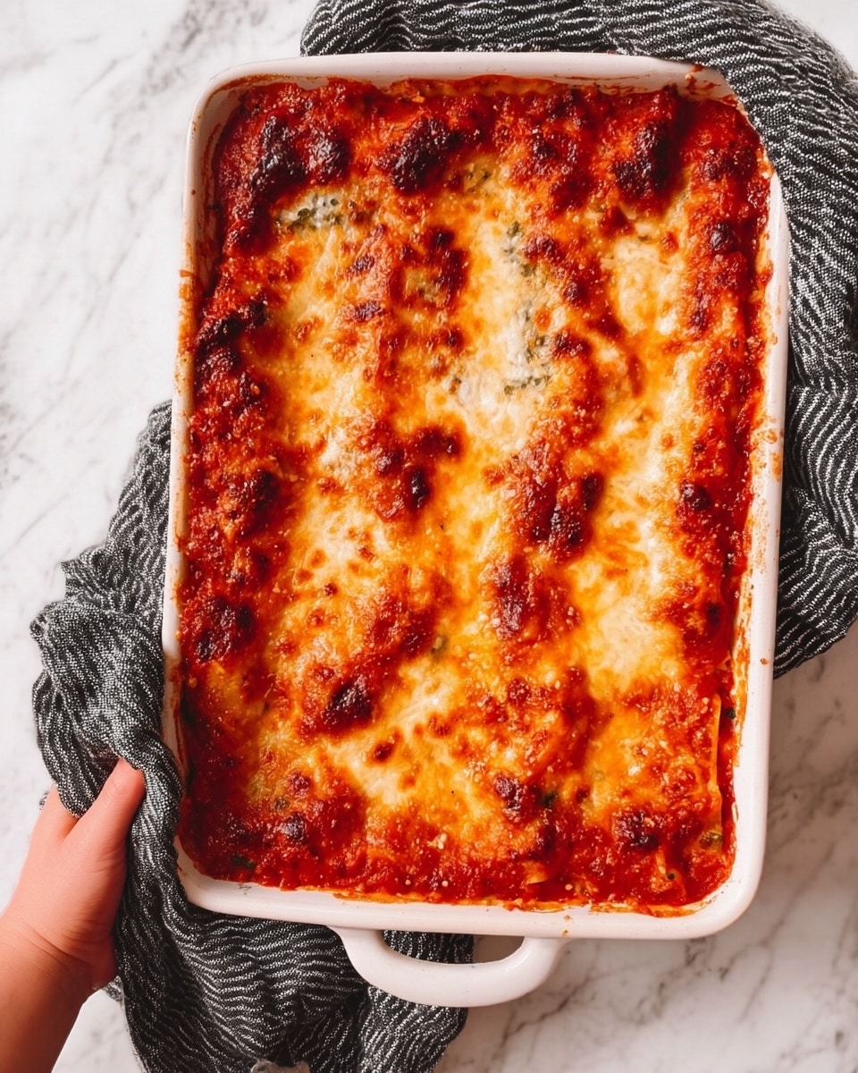 A white rectangular baking dish holds a layered lasagna with a golden-brown melted cheese top, slightly bubbled and browned in spots. Beneath the cheese, a red tomato sauce layer is visible at the edges, thick and rich with some darkened spots from baking. The dish shows some red sauce bubbling up around the edges, giving a rustic cooked look. A woman's hand is holding the dish with a black and white striped cloth around it, all placed on a white marbled surface. Photo taken with an iphone --ar 4:5 --v 7