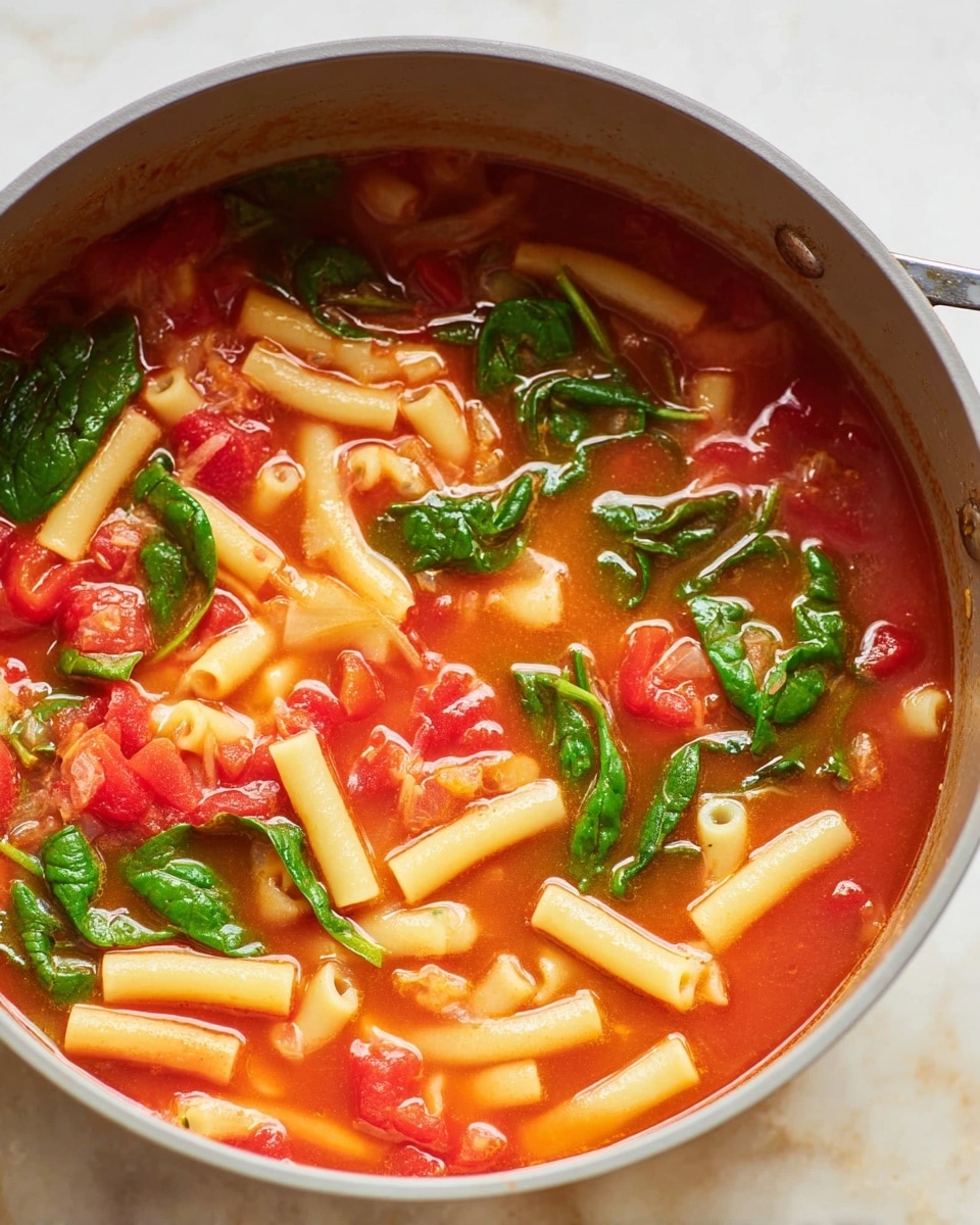 A close-up view of a pot filled with a tomato-based soup that has short tube pasta pieces mixed throughout. The soup shows bright red tomato chunks and vibrant green spinach leaves scattered on top and mixed inside. The pasta is pale yellow and thick with a smooth texture, floating in the rich red broth. The leafy spinach adds a fresh and slightly glossy look to the soup. The pot itself is light gray, sitting on a white marbled surface. photo taken with an iphone --ar 4:5 --v 7