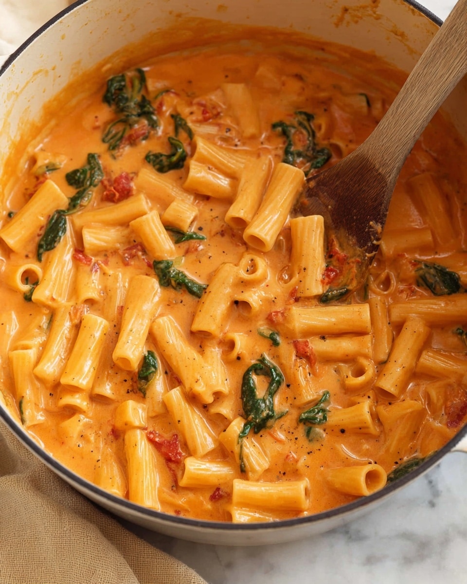 The image shows a large white pot filled with short tube-shaped pasta in a thick, creamy orange sauce with small pieces of wilted green spinach and red bits of tomato, all mixed evenly. The sauce has a smooth texture with some visible herbs and spices. A wooden spoon rests inside the pot, slightly covered in sauce, with a beige cloth blurred in the background on a white marbled surface. photo taken with an iphone --ar 4:5 --v 7