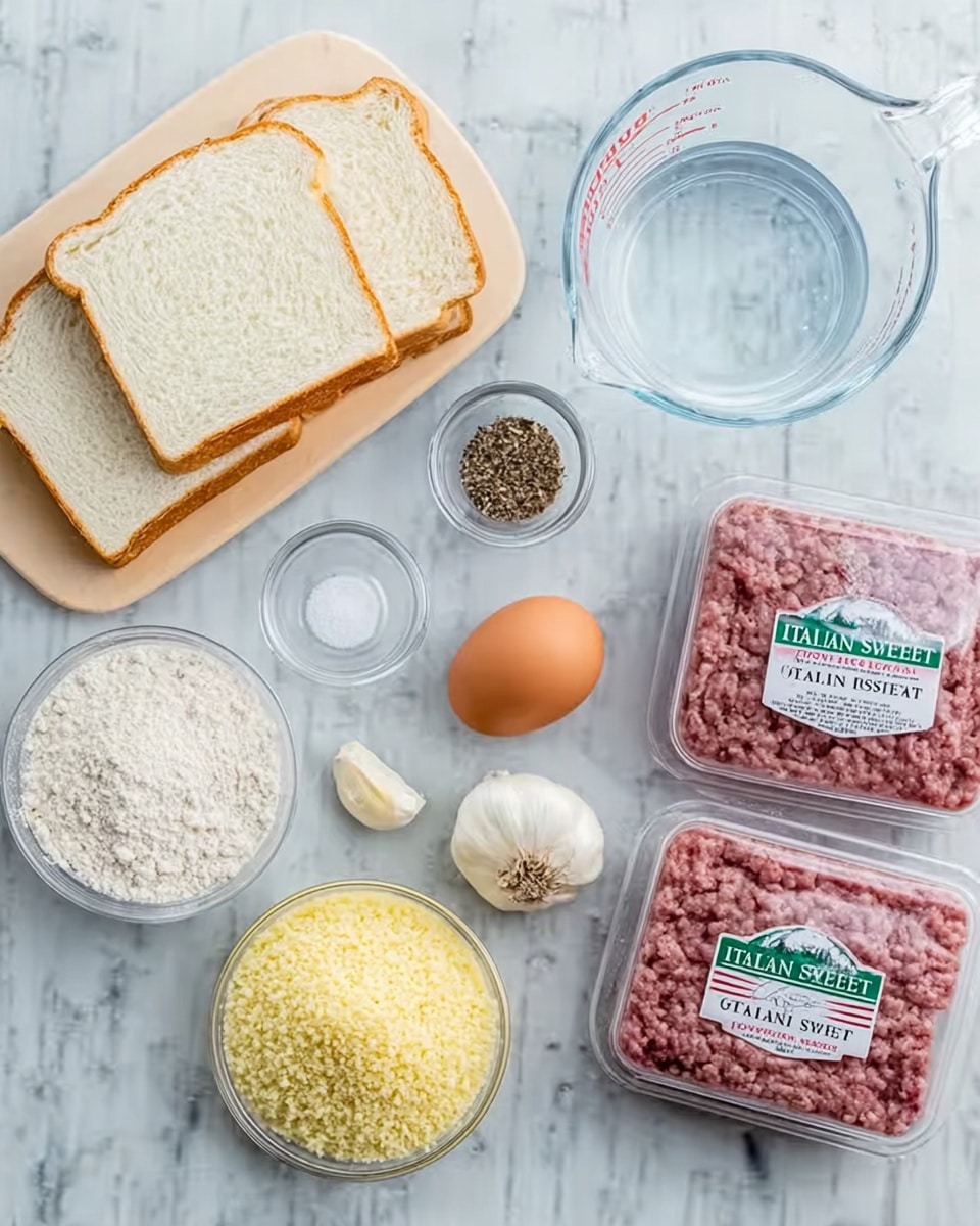 The image shows ingredients laid out on a white marbled surface for making a meat dish. There are three slices of white bread stacked on the left side, a clear measuring cup filled with water next to them, and an egg placed below. Nearby, there is a small clear bowl with salt and another with black pepper and a clove of garlic. Two packages of ground meat labeled