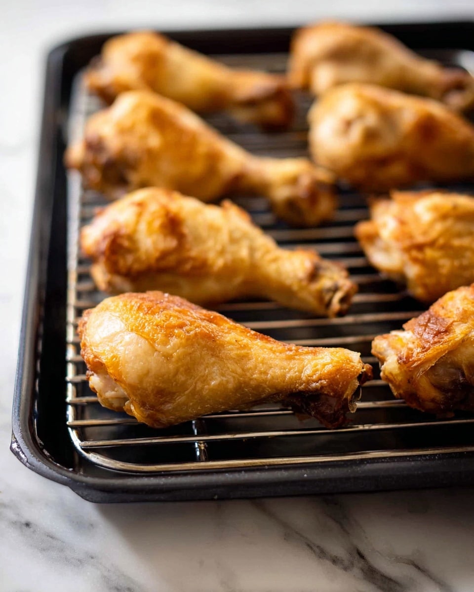 The image shows seven golden-brown cooked chicken drumsticks evenly placed on a black metal rack inside a baking tray. The drumsticks have a crispy skin texture, with some areas showing slight variations in color from light golden to deeper brown. The baking tray is set on a white marbled surface that contrasts softly with the darker cooking equipment. The picture focuses on the drumsticks in the front and slightly blurs those in the background, capturing the crispy details and warm tones of the cooked meat. photo taken with an iphone --ar 4:5 --v 7
