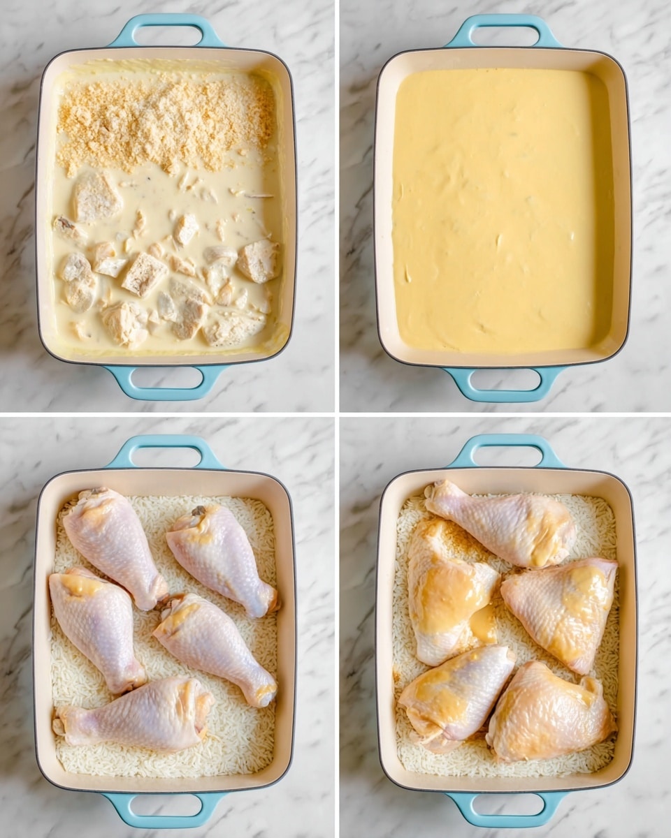 A light blue square baking dish with a white inside sits on a white marbled surface, shown in four steps. In the first step, three sections fill the dish: a beige creamy mixture with chunks in the top left, a yellow thick sauce on the top right, and uncooked rice filling the bottom half. In the second step, a smooth, thick pale yellow sauce covers the entire surface. The third step shows six raw chicken pieces—three drumsticks and three larger cuts—placed on top of the yellow sauce in a neat arrangement. In the final step, the same six chicken pieces are seen partially covered and coated with the yellow sauce, some parts showing a slight shine. Photo taken with an iphone --ar 4:5 --v 7