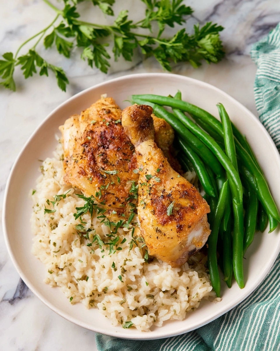 A white plate holds a meal with three main layers: at the bottom is a creamy, pale beige rice mixed with small bits of herbs, creating a soft texture; on top of the rice are two pieces of golden-brown cooked chicken, one drumstick and one thigh, with a crispy, slightly speckled skin showing hints of green herbs; to the side, bright green fresh green beans are neatly stacked, adding a vivid color contrast. A few parsley sprigs garnish the dish, and the plate is set on a white marbled surface with a green and white striped cloth nearby. Photo taken with an iphone --ar 4:5 --v 7