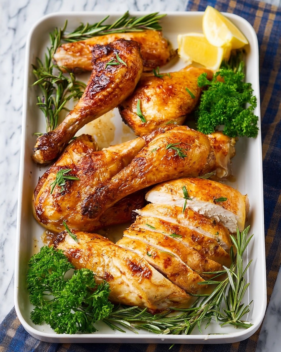 A white rectangular baking tray holds a serving of roasted chicken pieces arranged neatly. There is one whole drumstick with crispy golden-brown skin placed at the top left, two golden-brown wings at the bottom left, and a sliced chicken breast with a nicely browned crust in the center and right. Fresh green rosemary sprigs and curly parsley garnish the tray, adding color contrast. At the top right corner, there are two lemon wedges. The tray sits on a white marbled surface. The colors are mainly warm golden browns with fresh green herbs and bright yellow lemon. Photo taken with an iphone --ar 4:5 --v 7