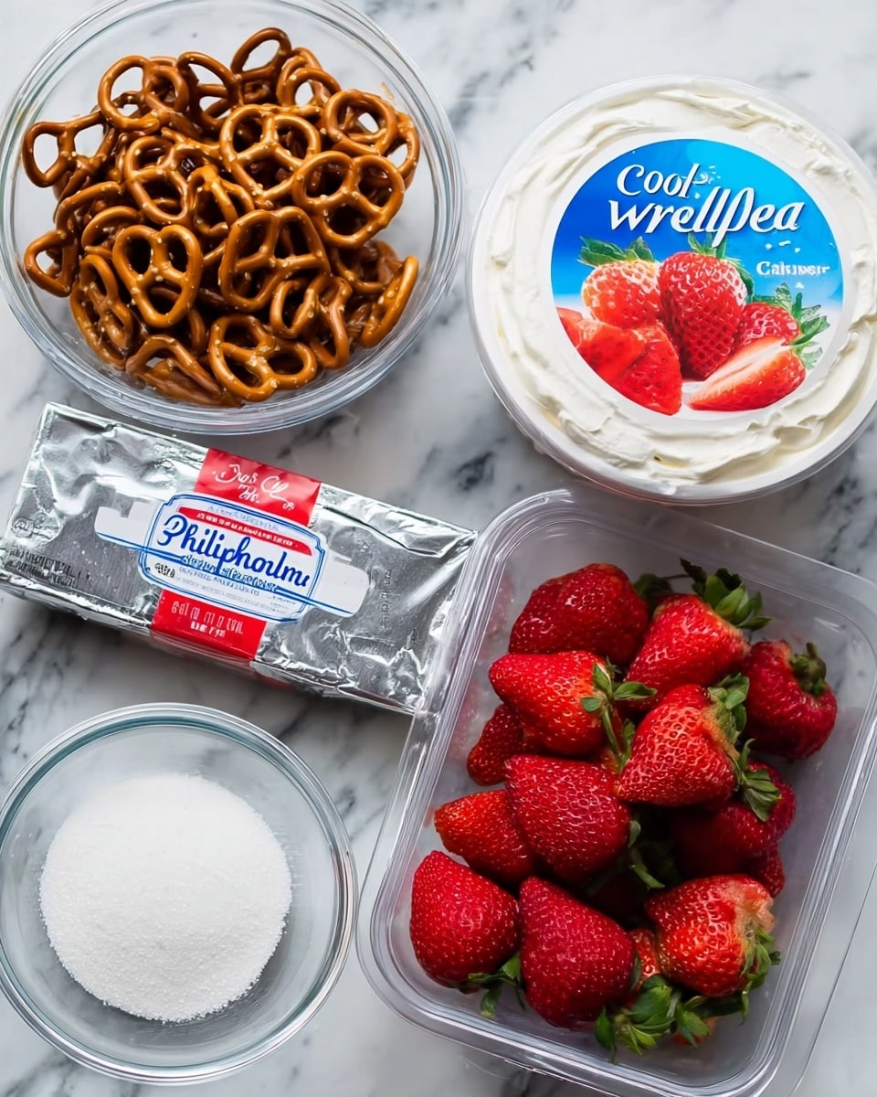 The image shows five cooking ingredients placed on a white marbled surface: a clear glass bowl on the left filled with small round pretzels that are brown with a shiny texture, a clear glass bowl below filled with white granulated sugar, a rectangular silver wrapped bar of unsalted butter with red and blue text in the center bottom, a rectangular silver box of Philadelphia cream cheese in the center, a large round white container of Cool Whip Original with a blue and white lid showing a strawberry image toward the top right, and a clear plastic container filled with bright red strawberries with green leafy tops on the right side, each strawberry slightly shiny and fresh. photo taken with an iphone --ar 4:5 --v 7