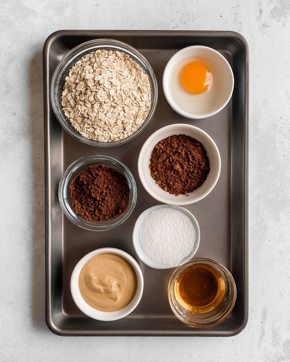 The image shows a dark metal baking tray placed on a white marbled surface. On the tray, there are seven small bowls with different ingredients arranged neatly. In the top left corner, a clear glass bowl is filled with light beige oats, showing a rough texture. To its right, a white bowl holds a raw egg cracked open with the orange yolk in the center and clear egg white around it. In the middle, a glass bowl contains fine brown cocoa powder with a smooth texture. Below the oats, a small white bowl holds rich, dark brown cocoa powder with a crumbly texture. Near the bottom center, there is a very small clear glass bowl with white powder, likely baking soda or baking powder. To the right of this, a white bowl contains a golden-brown liquid, possibly syrup or vanilla extract. At the bottom left, a white bowl has thick, creamy beige peanut butter with a smooth surface. Finally, in the bottom right corner, a clear glass bowl contains a light beige frothy liquid, possibly a milk substitution or batter. The whole setup is clean and neatly organized, photo taken with an iphone --ar 4:5 --v 7